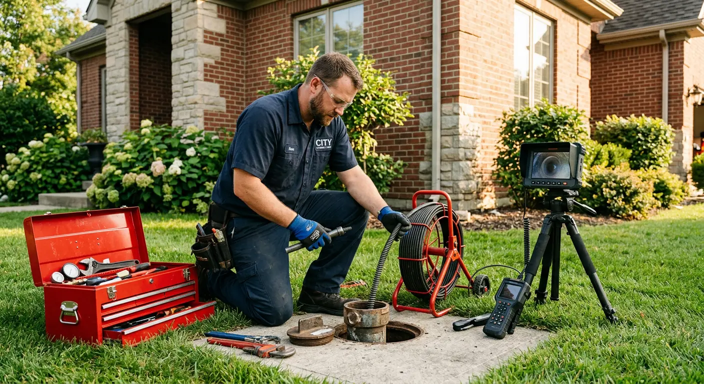 Sewer specialist with camera equipment servicing a cleanout in Erwin