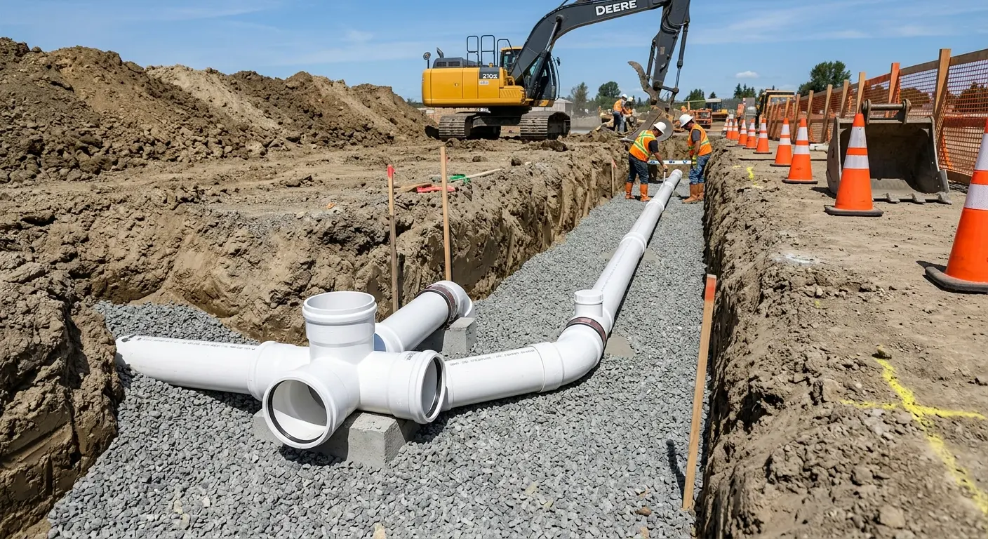 New PVC sewer pipe installation in open trench for Commercial Drain Cleaning in Erwin