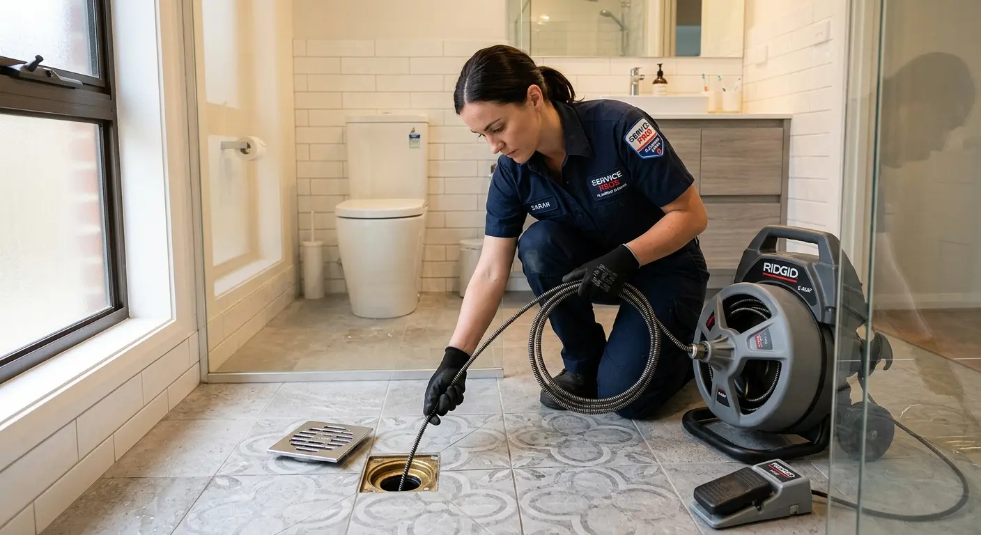 Technician clearing a bathroom floor drain for Clogged Drain Repair in Erwin